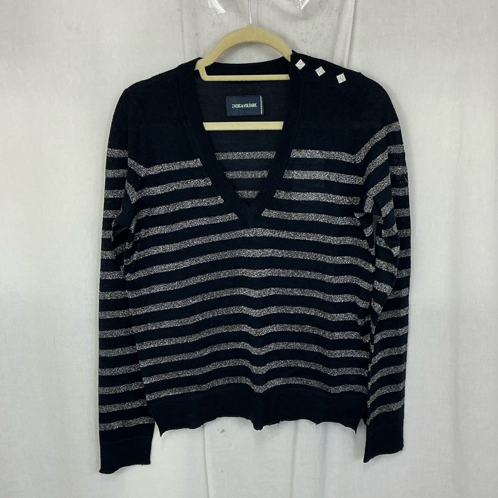 NEW Zadig & Voltaire Encre Missia Metallic Stripe Wool Blend Sweater Size M - Picture 3 of 16